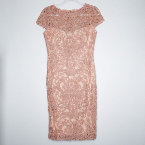 Tadashi Shoji Womens Lace Short Dress Size 4 Floral Sheer Cocktail Wedding Guest - Picture 1 of 10